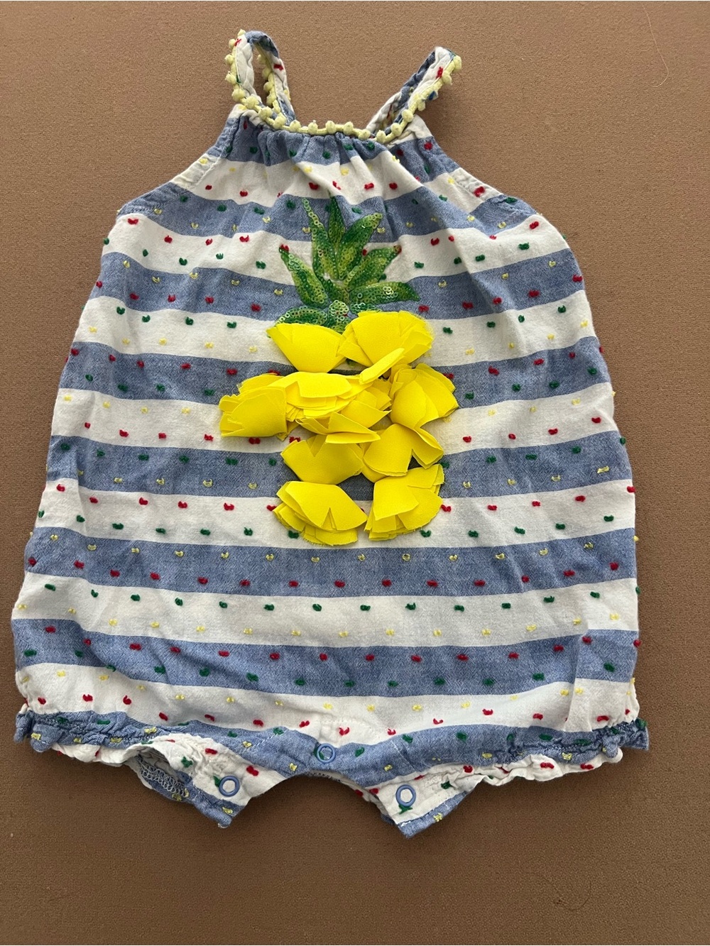 Mud Pie Girls one piece romper blue & white stripe w/ pineapple Size 12-18 mos.